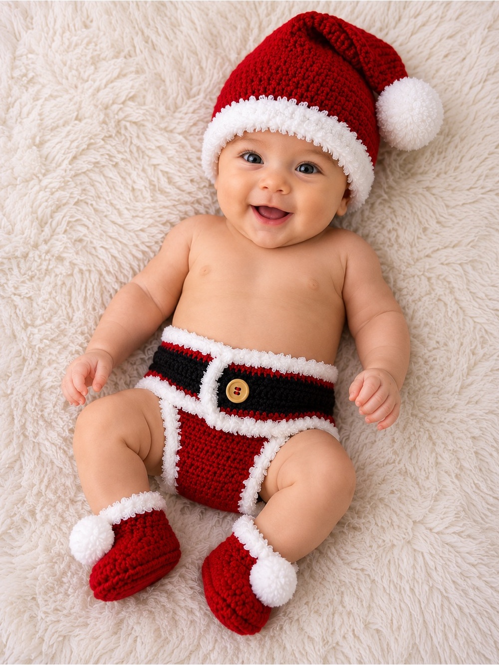 Crochet Baby Santa Outfit Set Hat Booties Diaper Cover 0-6M